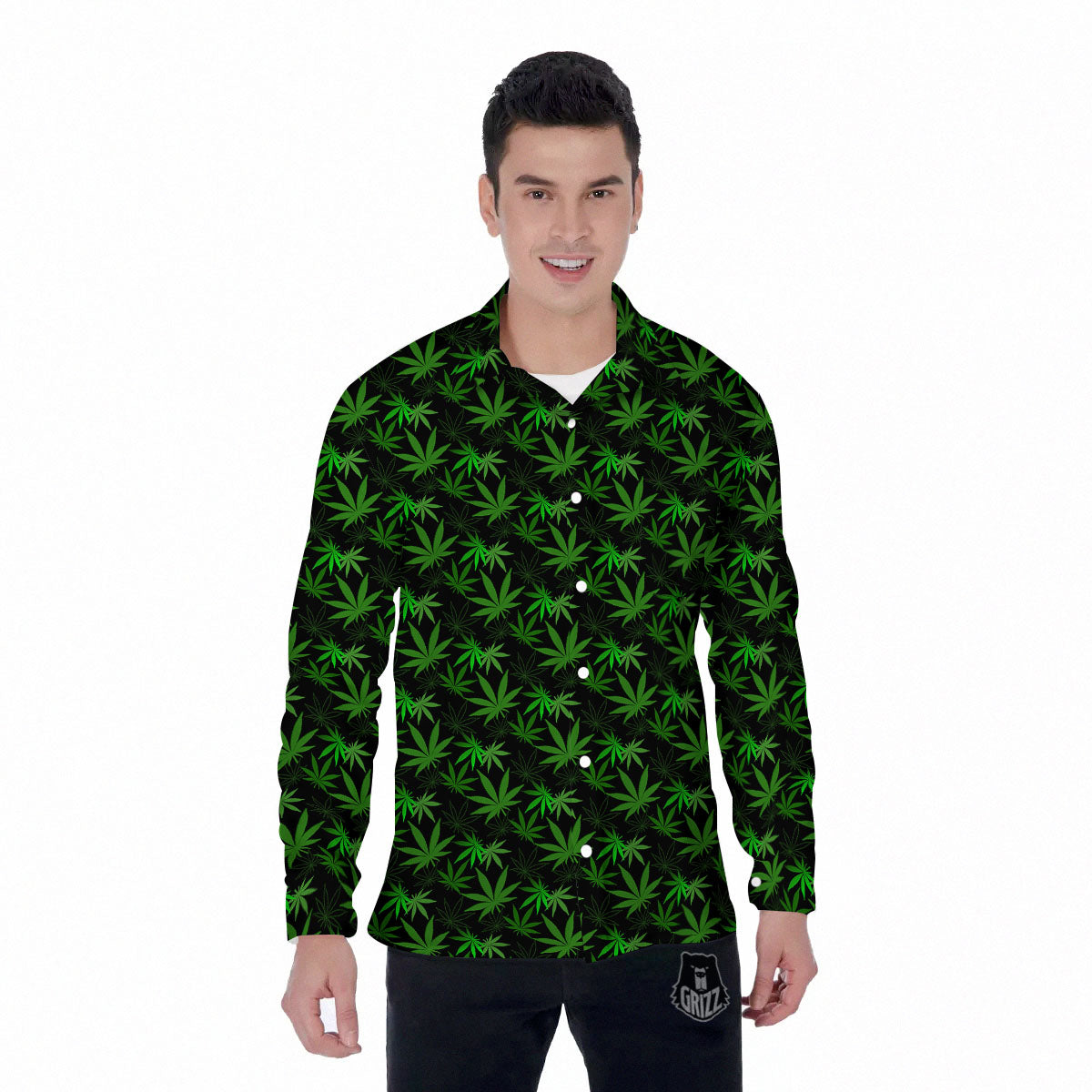 Cannabis Leaf Black And Green Print Men's Long Sleeve Shirts-grizzshop