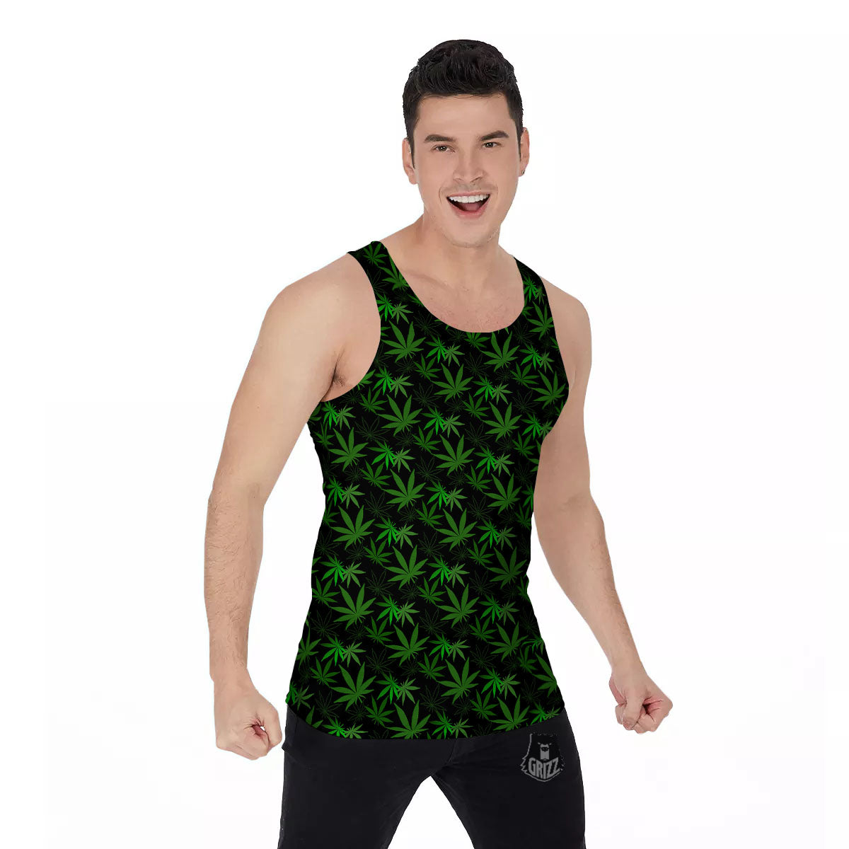 Cannabis Leaf Black And Green Print Men's Tank Top-grizzshop