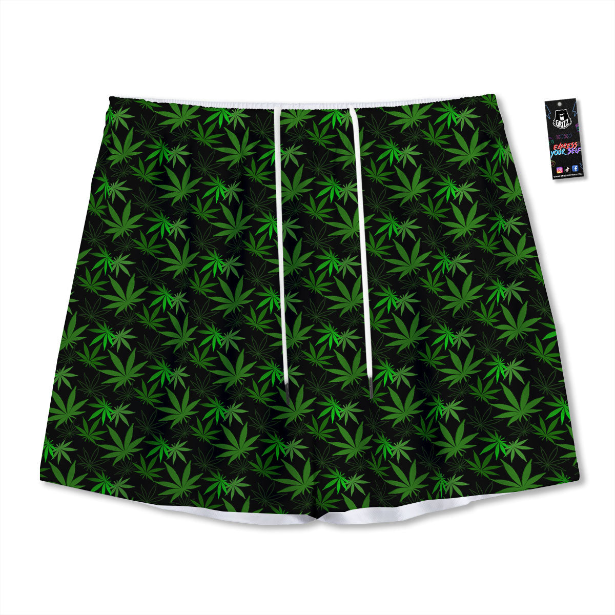 Cannabis Leaf Black And Green Print Mesh Shorts