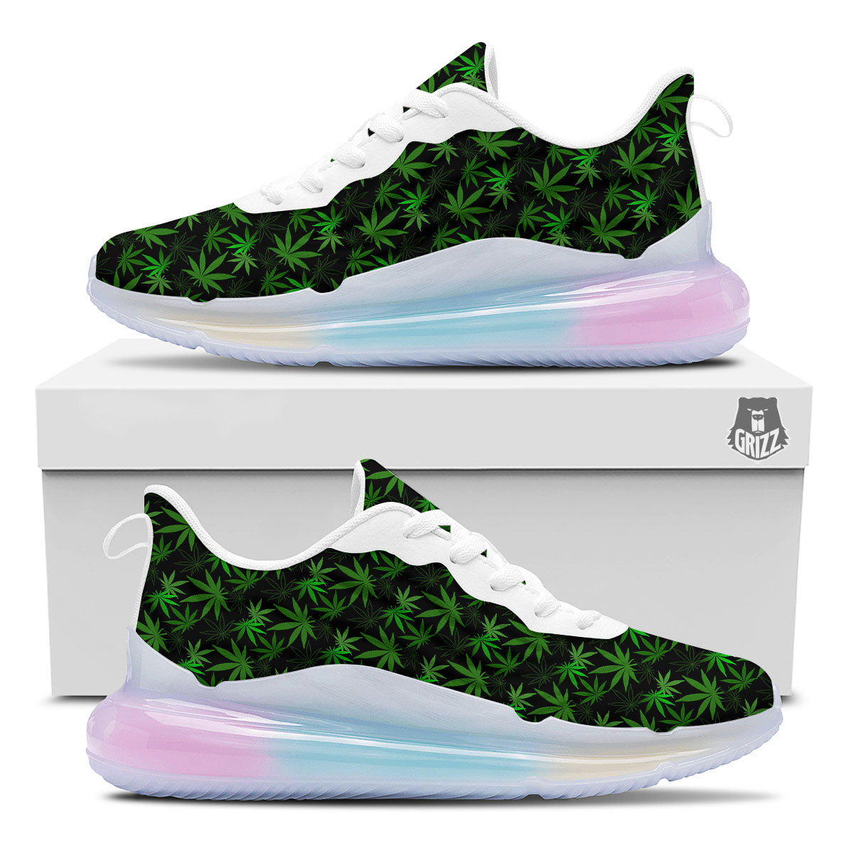 Cannabis Leaf Black And Green Print Running Sneakers-grizzshop