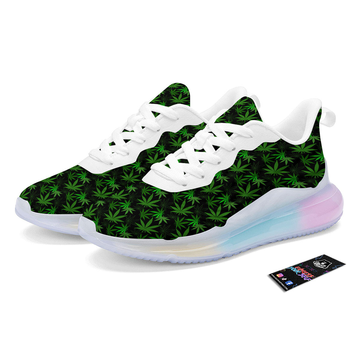 Cannabis Leaf Black And Green Print Running Sneakers-grizzshop