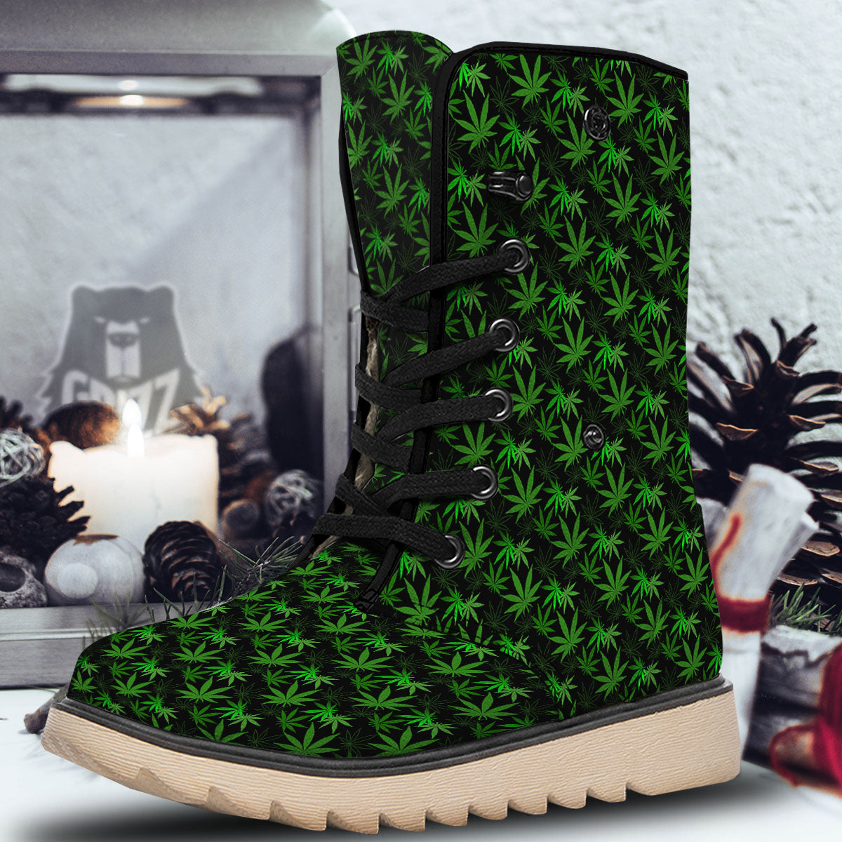 Cannabis Leaf Black And Green Print Snow Boots-grizzshop