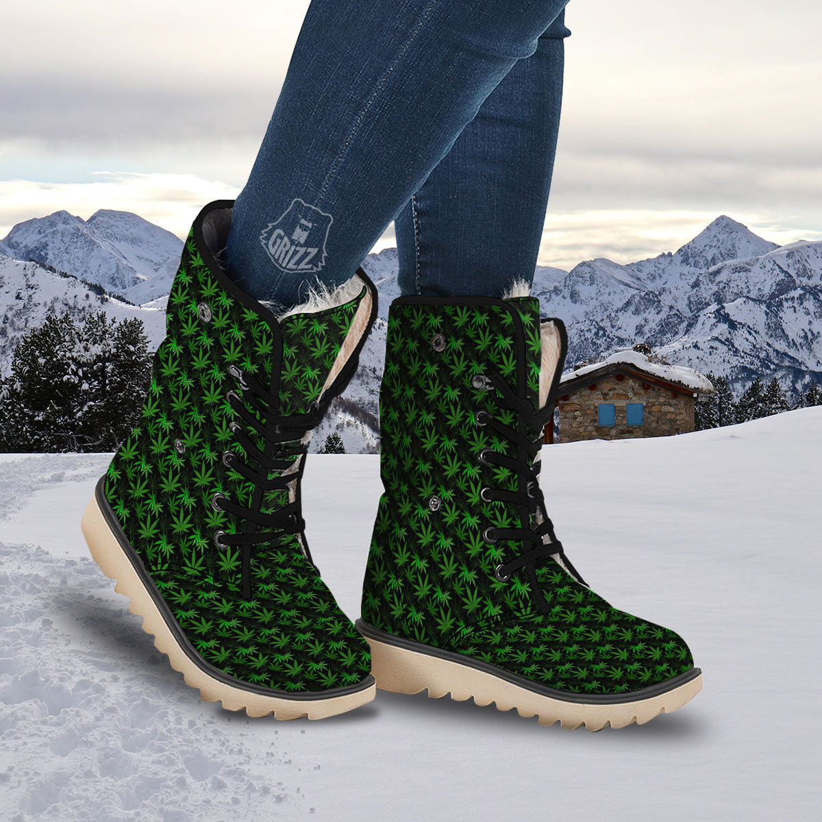 Cannabis Leaf Black And Green Print Snow Boots-grizzshop