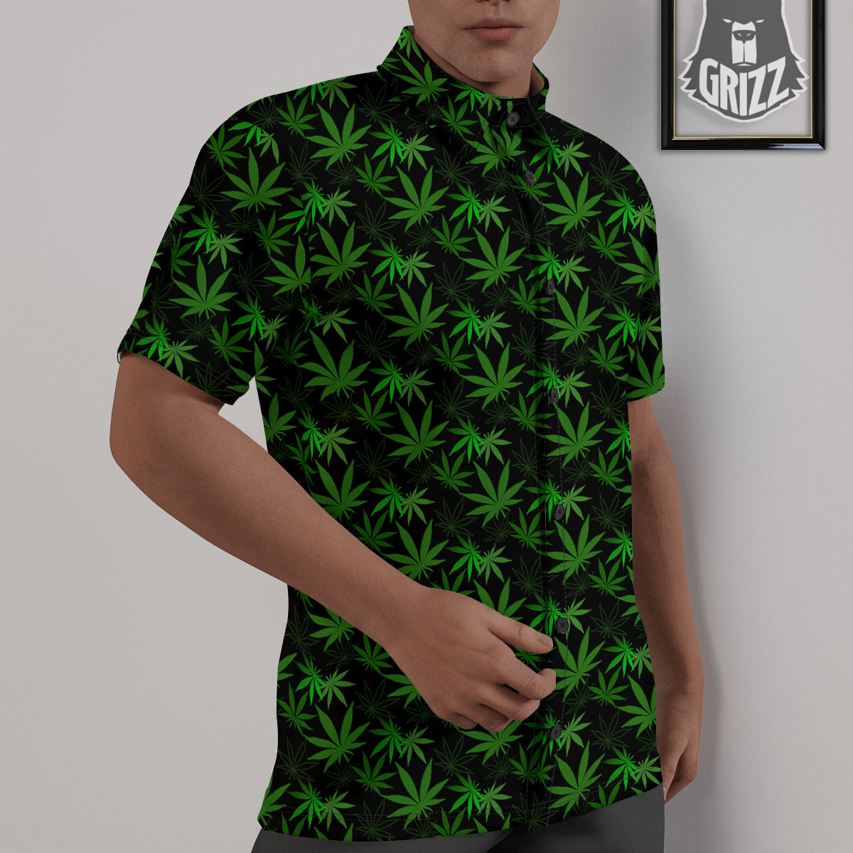 Cannabis Leaf Black And Green Print Untucked Shirts-grizzshop