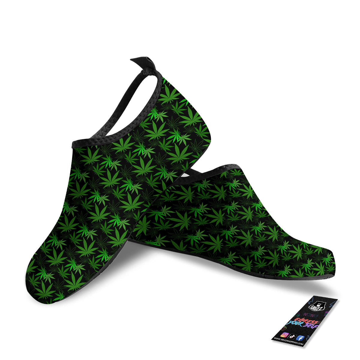 Cannabis Leaf Black And Green Print Water Shoes-grizzshop