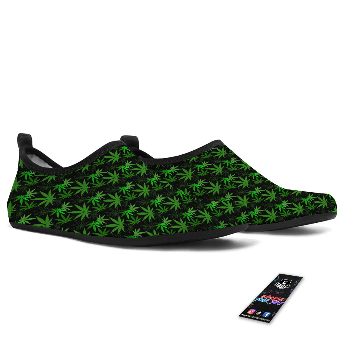 Cannabis Leaf Black And Green Print Water Shoes-grizzshop