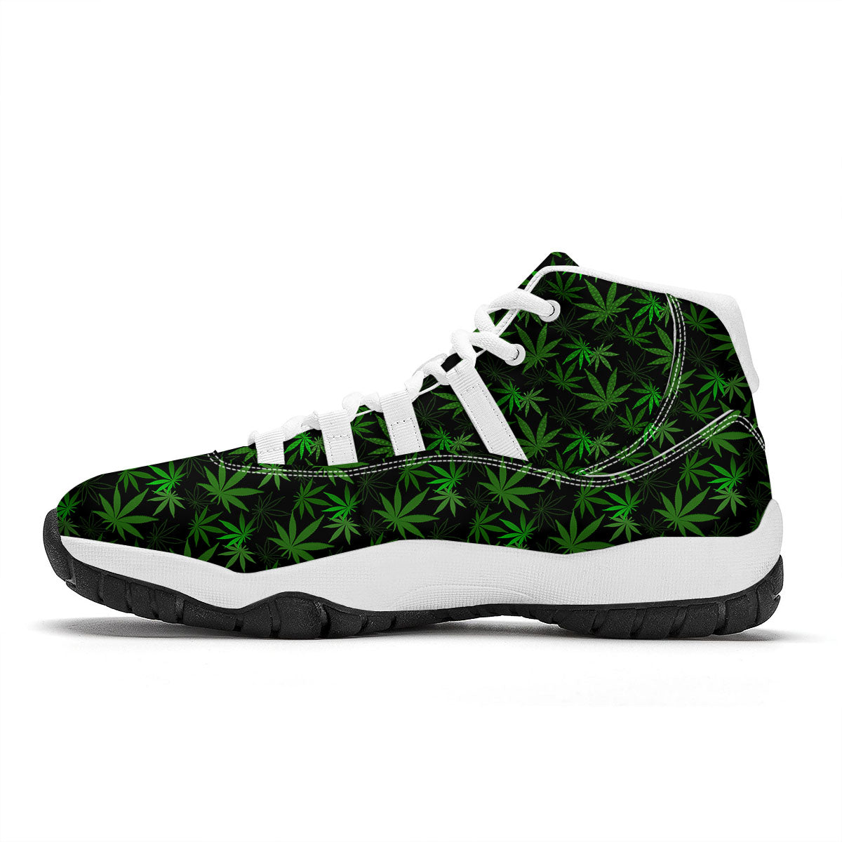 Cannabis Leaf Black And Green Print White Bball Shoes-grizzshop