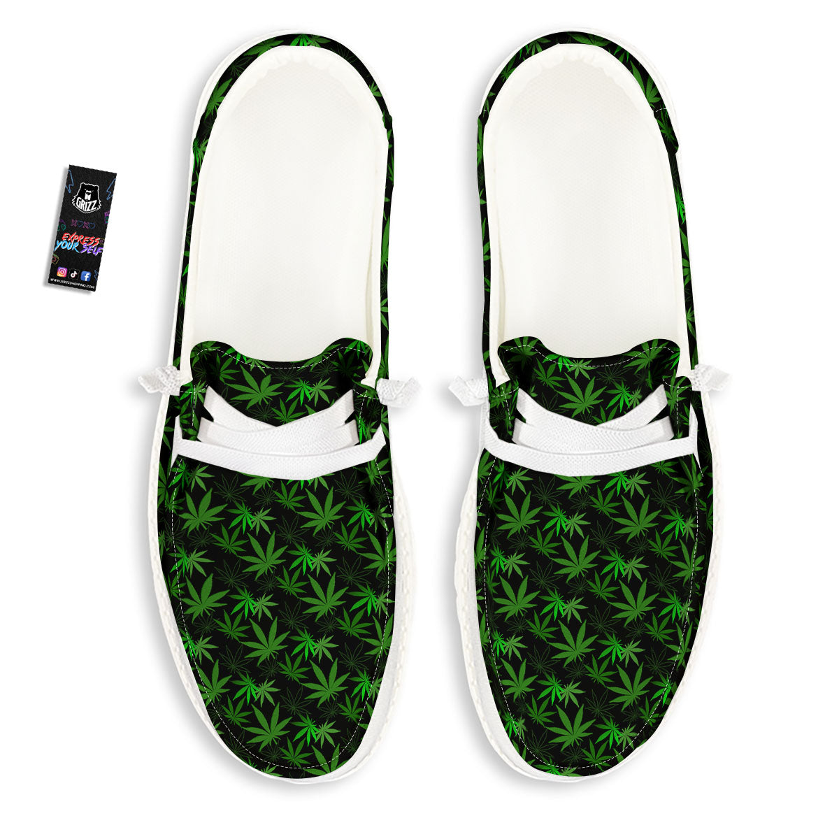 Cannabis Leaf Black And Green Print White Loafers-grizzshop