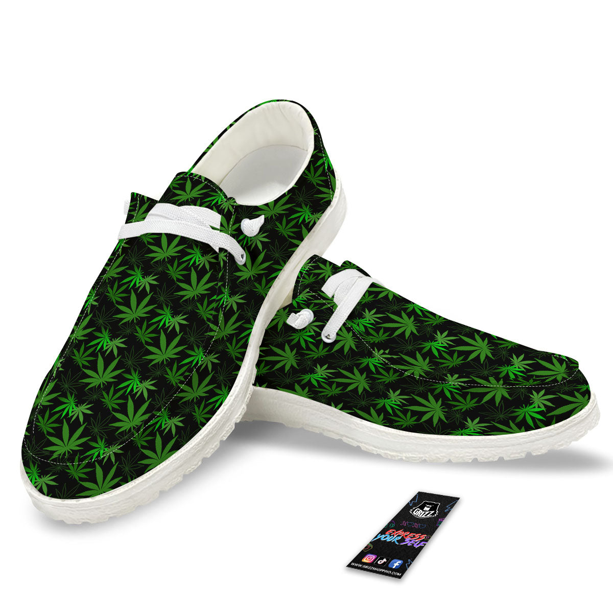 Cannabis Leaf Black And Green Print White Loafers-grizzshop