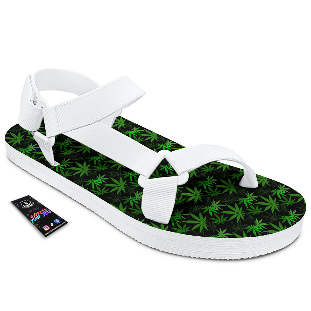 Cannabis Leaf Black And Green Print White Open Toe Sandals-grizzshop