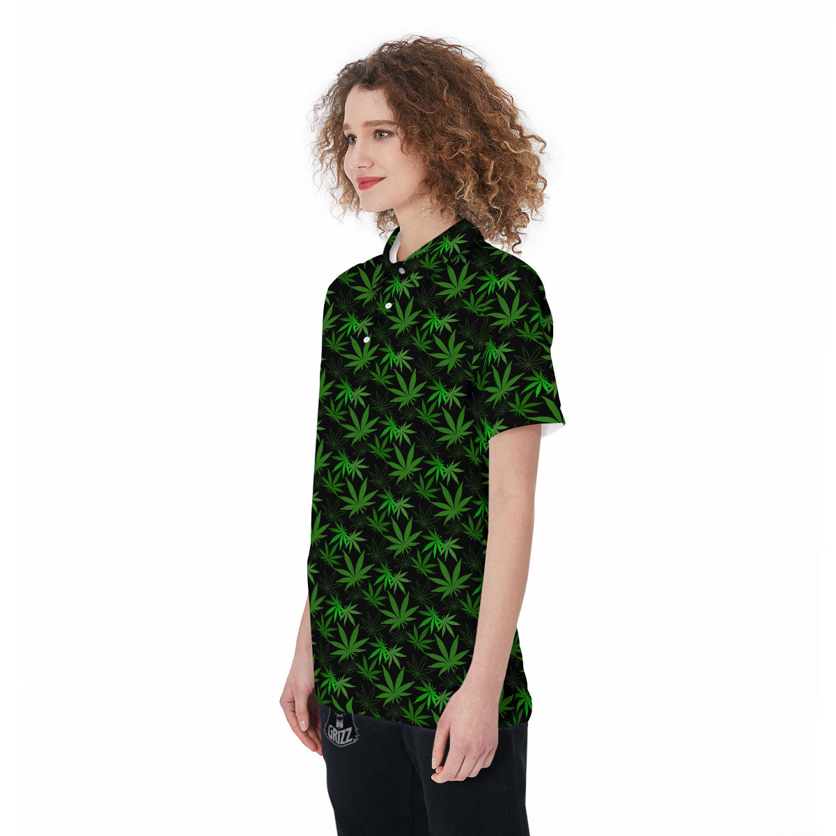 Cannabis Leaf Black And Green Print Women's Golf Shirts-grizzshop