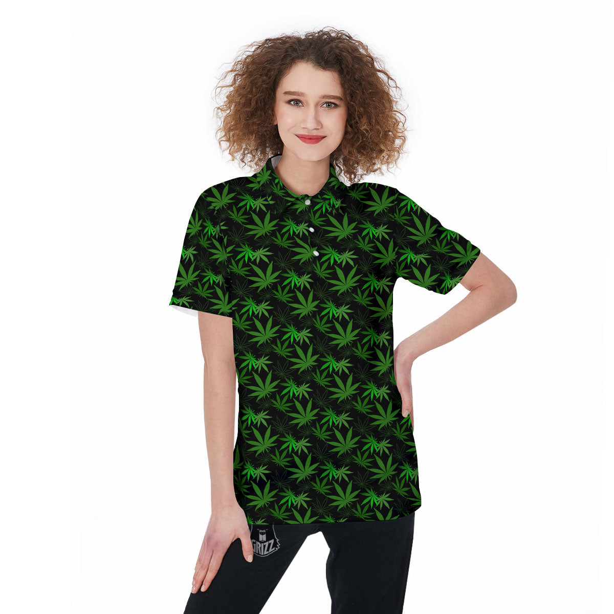 Cannabis Leaf Black And Green Print Women's Golf Shirts-grizzshop
