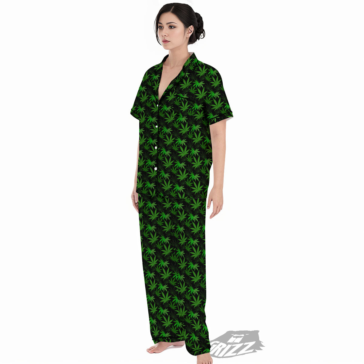 Cannabis Leaf Black And Green Print Women's Pajamas Set-grizzshop