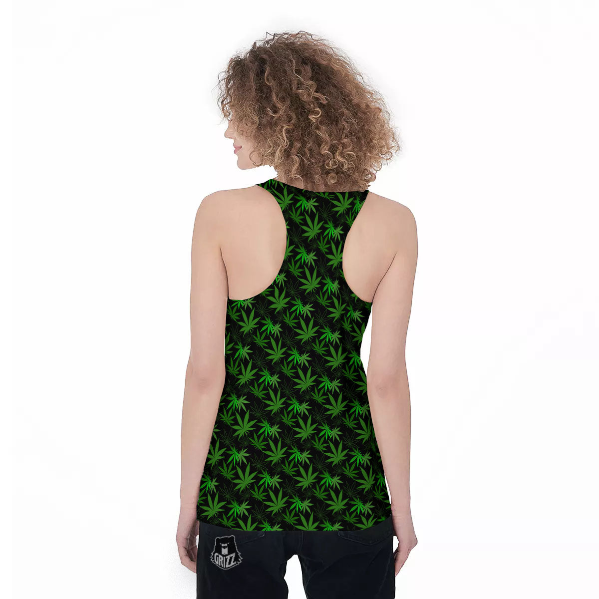 Cannabis Leaf Black And Green Print Women's Racerback Tank Top-grizzshop