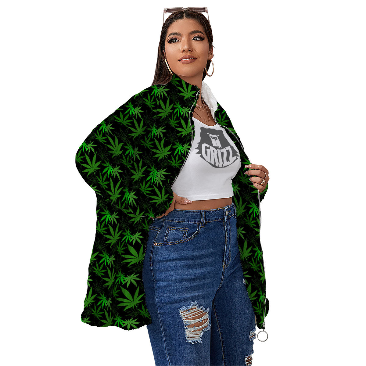 Cannabis Leaf Black And Green Print Women's Sherpa Jacket-grizzshop