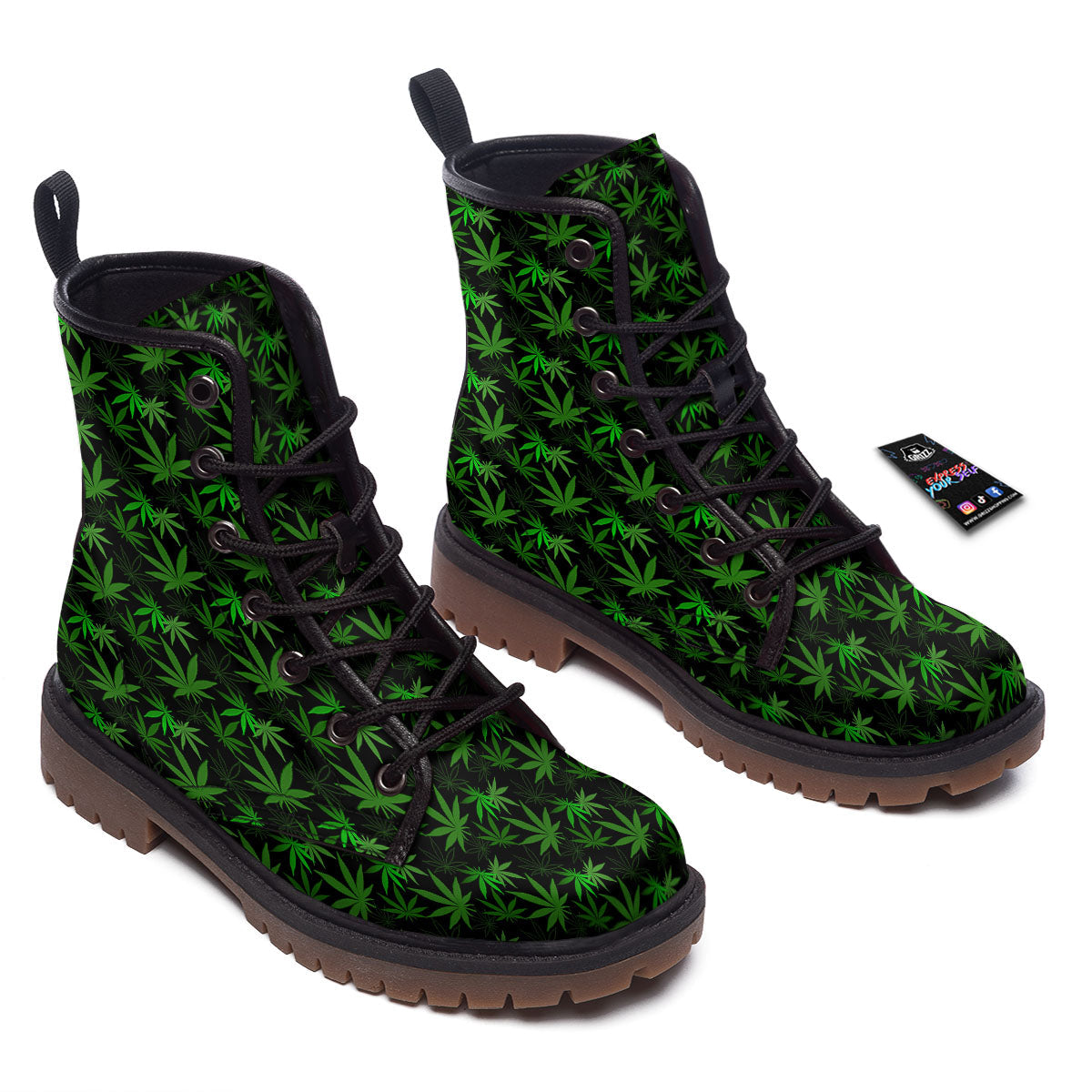 Cannabis Leaf Black And Green Print Work Boots-grizzshop