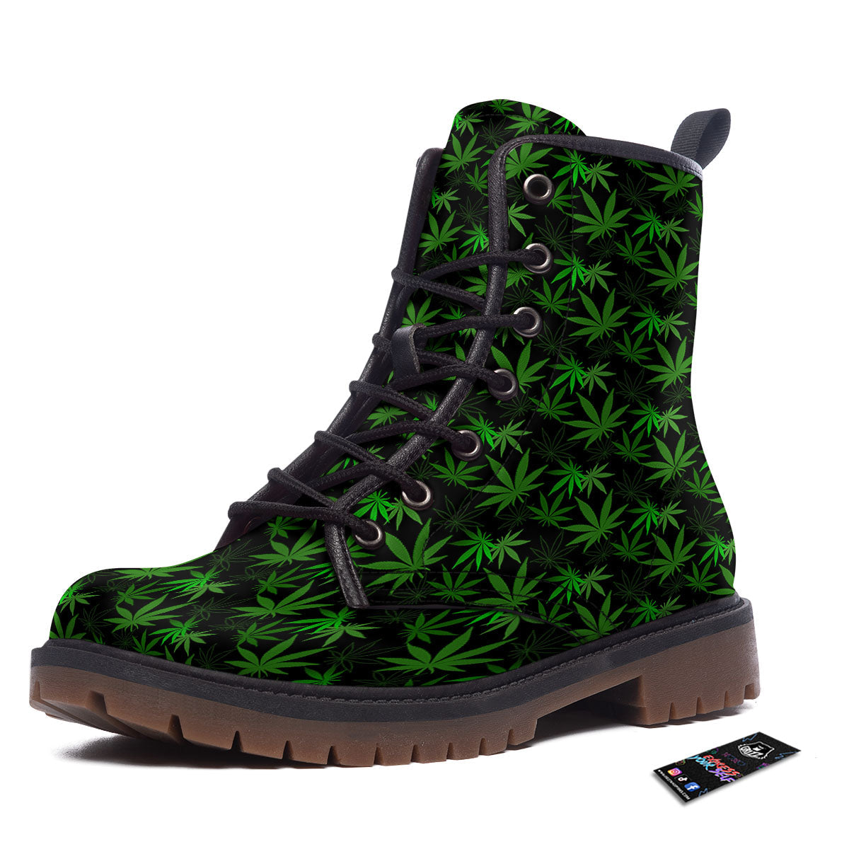 Cannabis Leaf Black And Green Print Work Boots-grizzshop