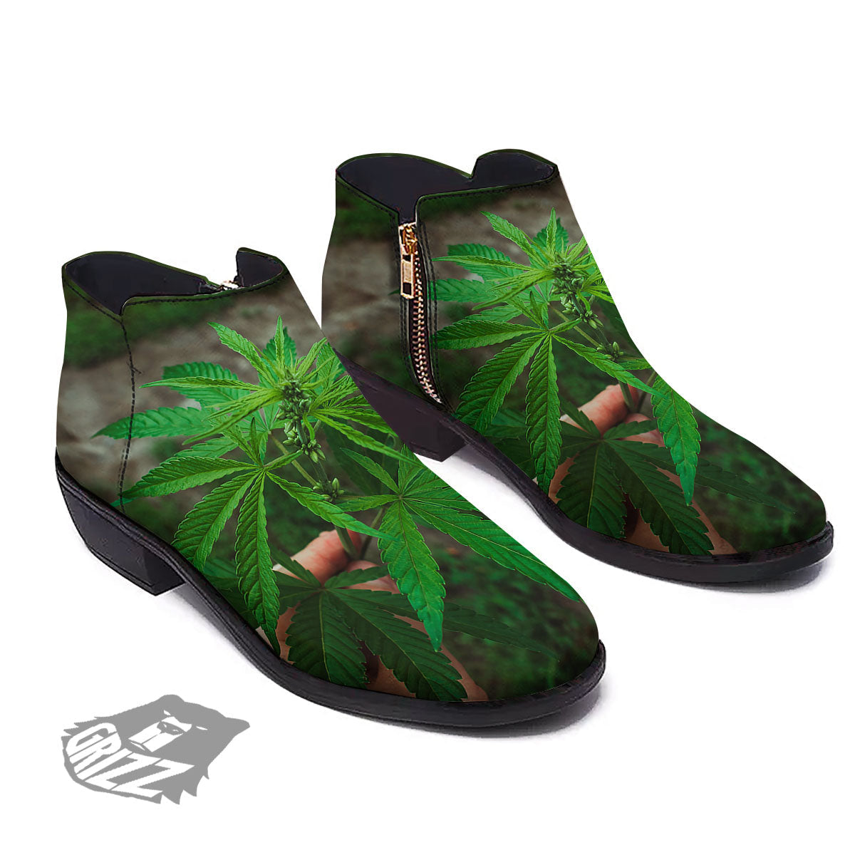 Cannabis Leaf Forest Green Print Ankle Boots-grizzshop