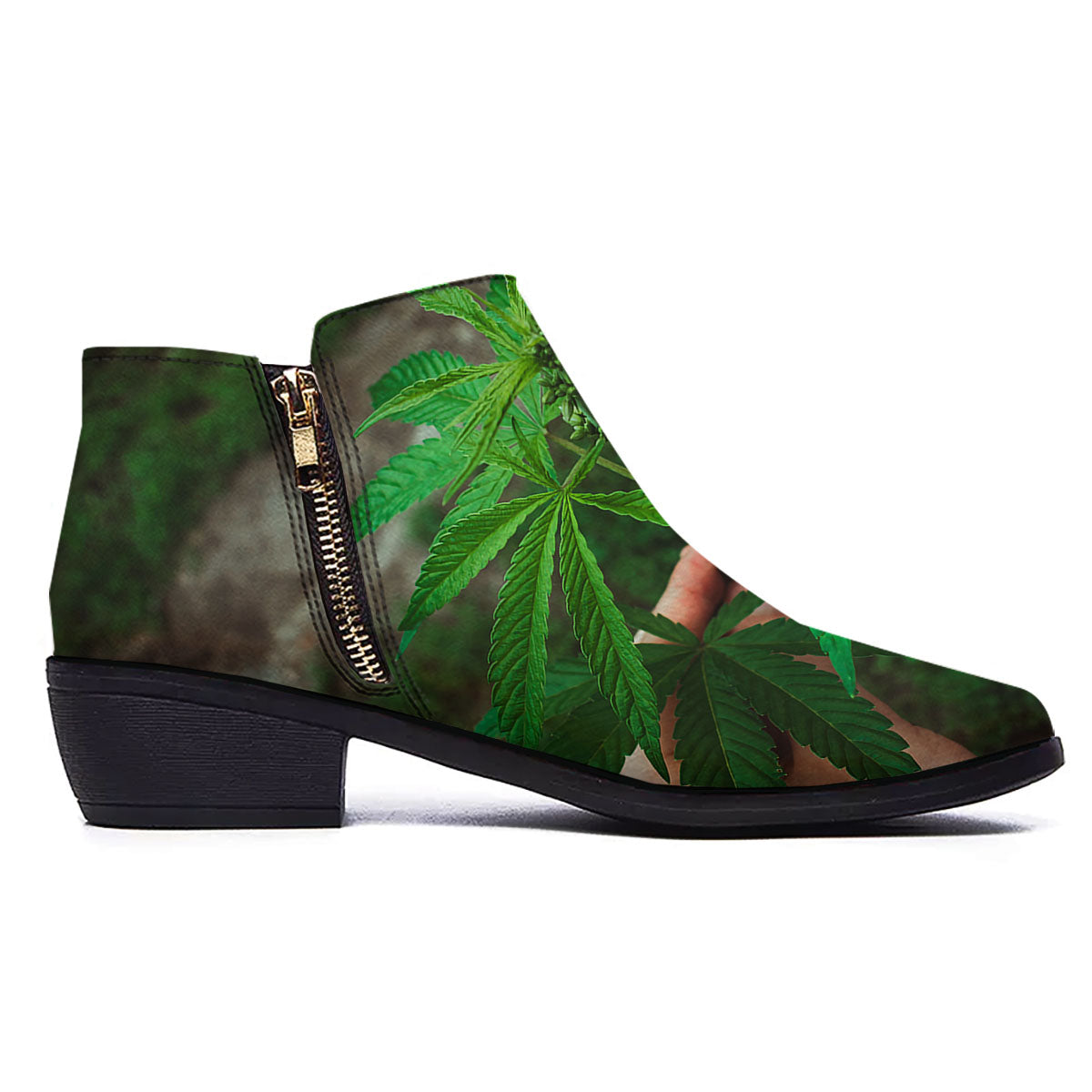 Cannabis Leaf Forest Green Print Ankle Boots-grizzshop