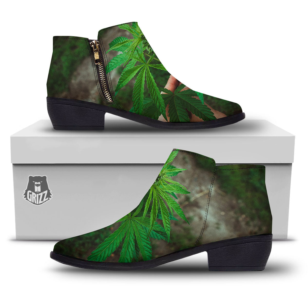 Cannabis Leaf Forest Green Print Ankle Boots-grizzshop