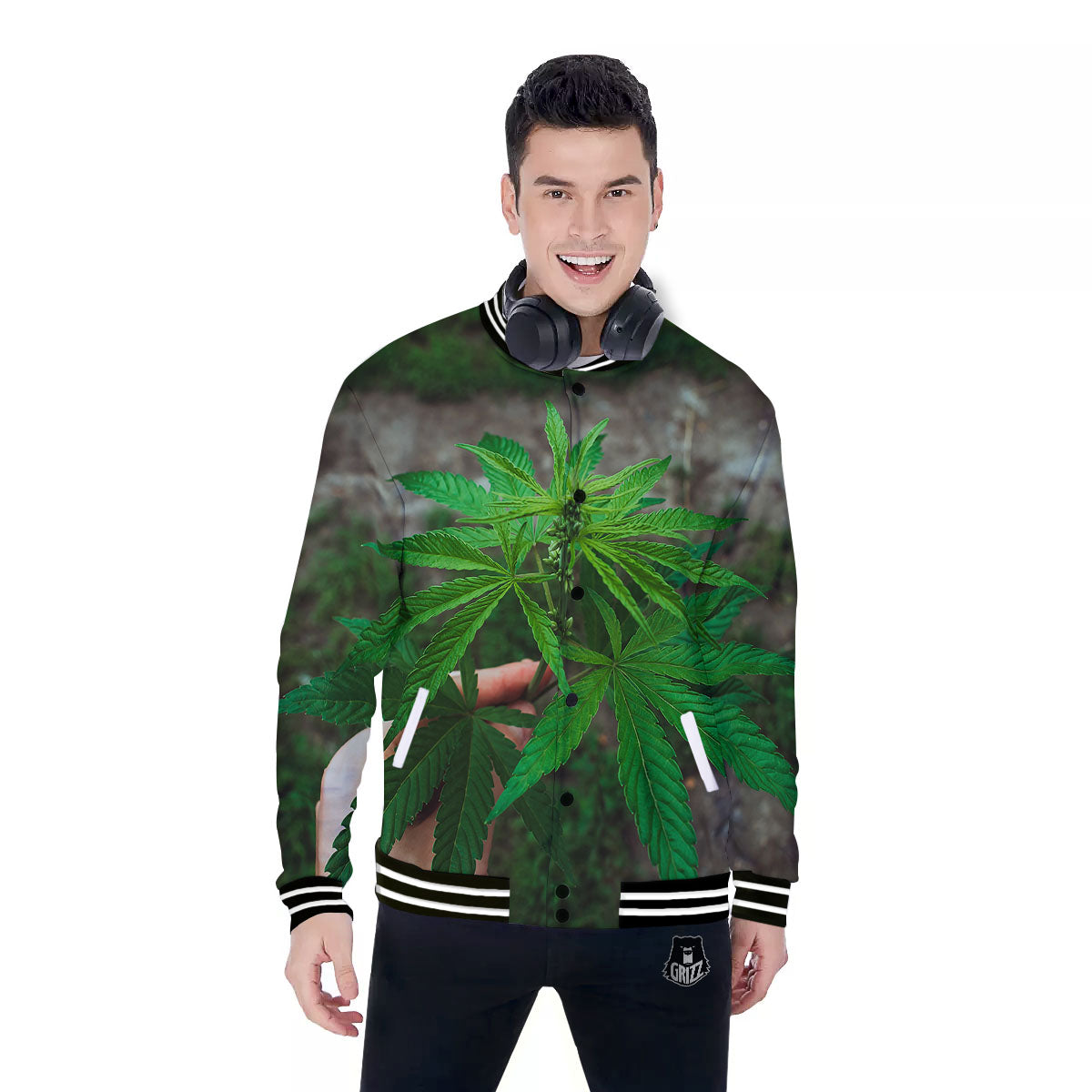 Cannabis Leaf Forest Green Print Baseball Jacket-grizzshop
