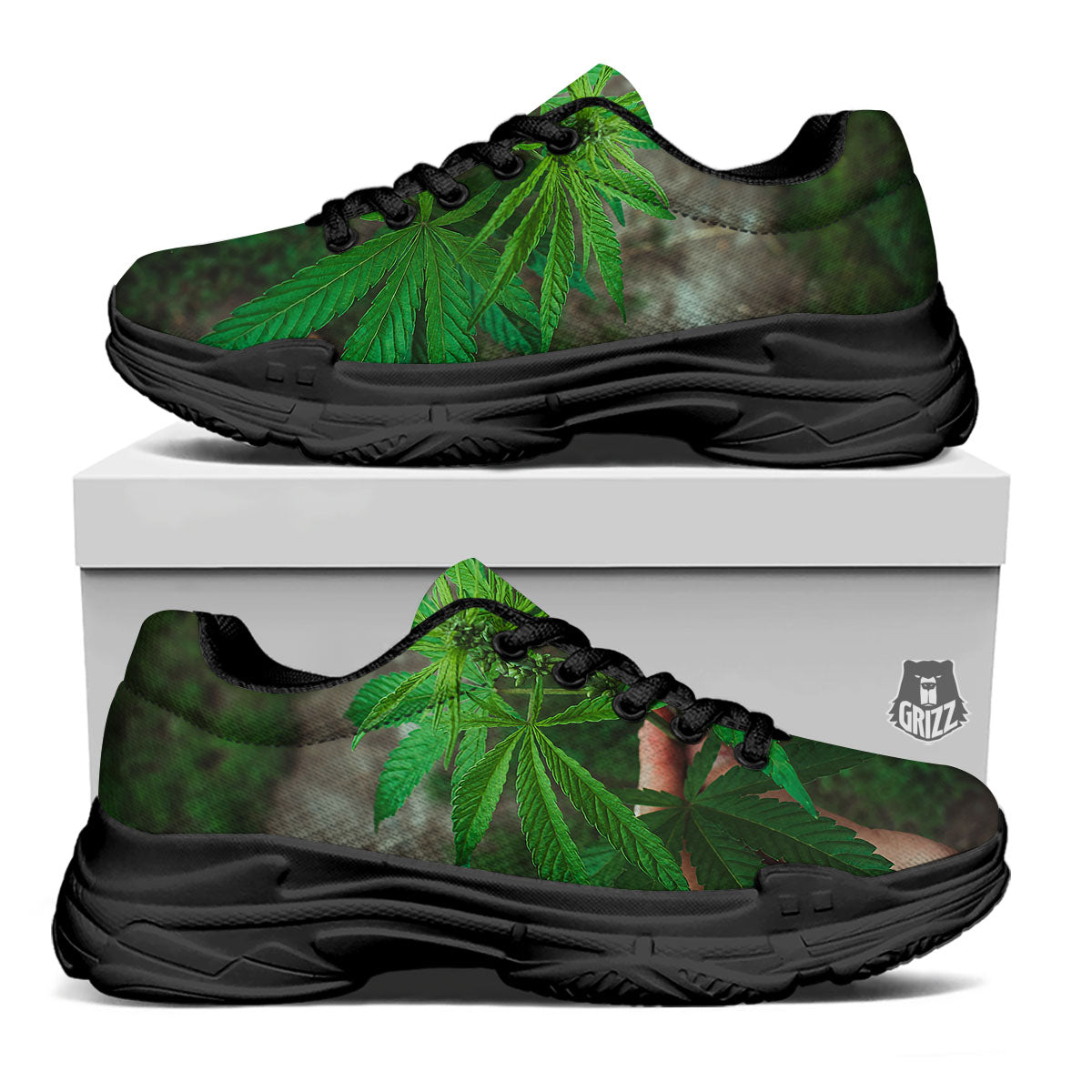 Cannabis Leaf Forest Green Print Black Chunky Shoes-grizzshop