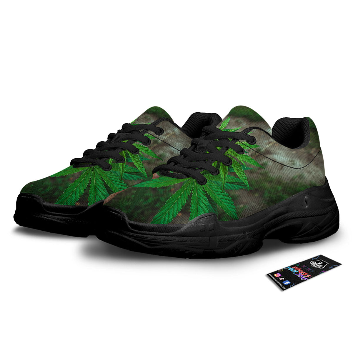 Cannabis Leaf Forest Green Print Black Chunky Shoes-grizzshop