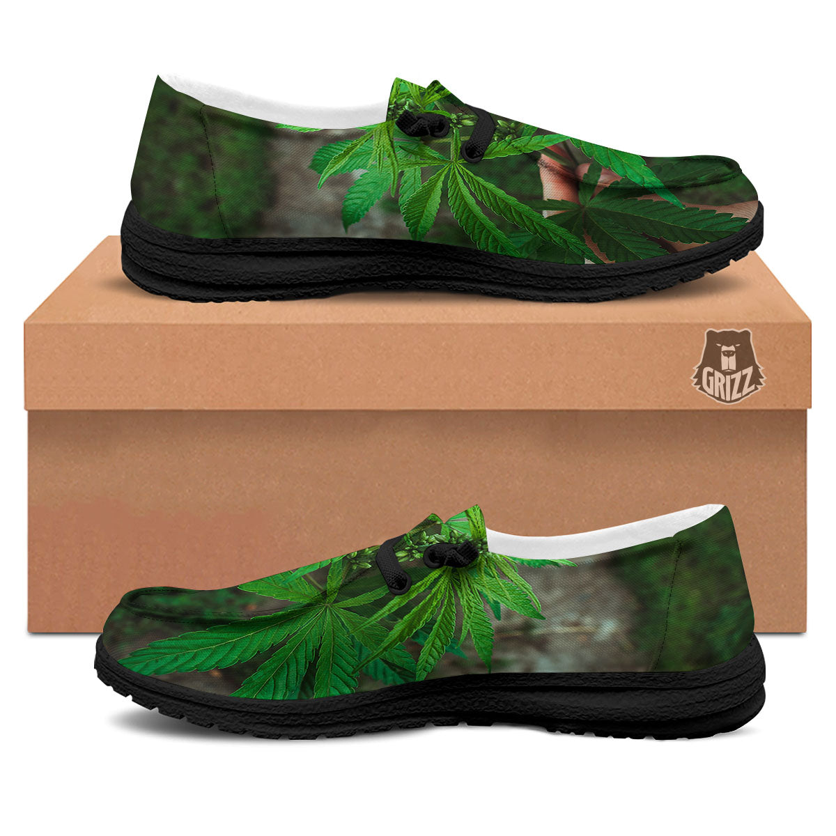 Cannabis Leaf Forest Green Print Black Loafers-grizzshop
