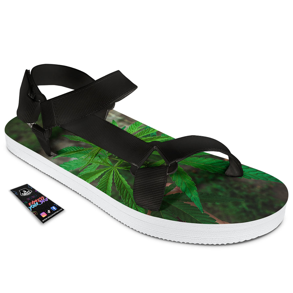 Cannabis Leaf Forest Green Print Black Open Toe Sandals-grizzshop
