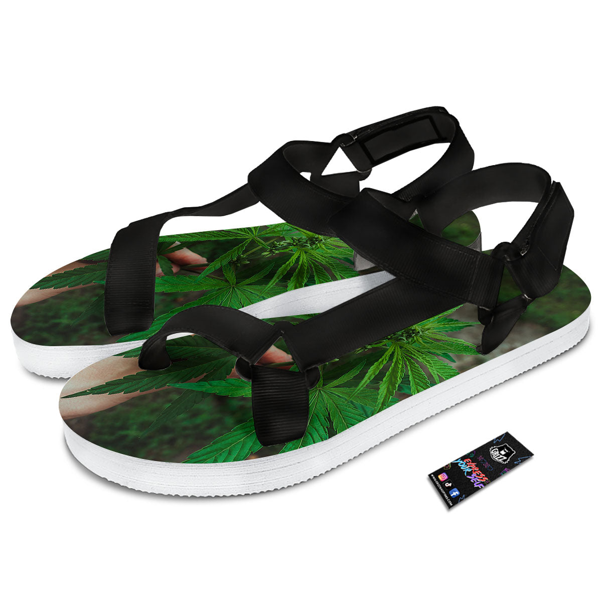 Cannabis Leaf Forest Green Print Black Open Toe Sandals-grizzshop