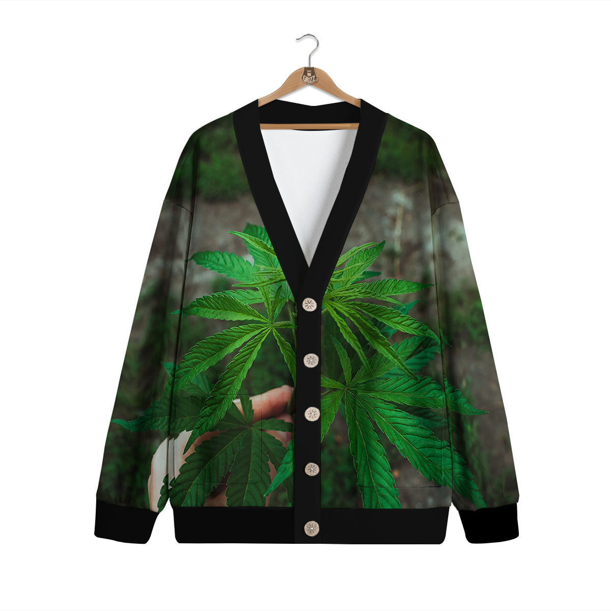 Cannabis Leaf Forest Green Print Cardigan-grizzshop