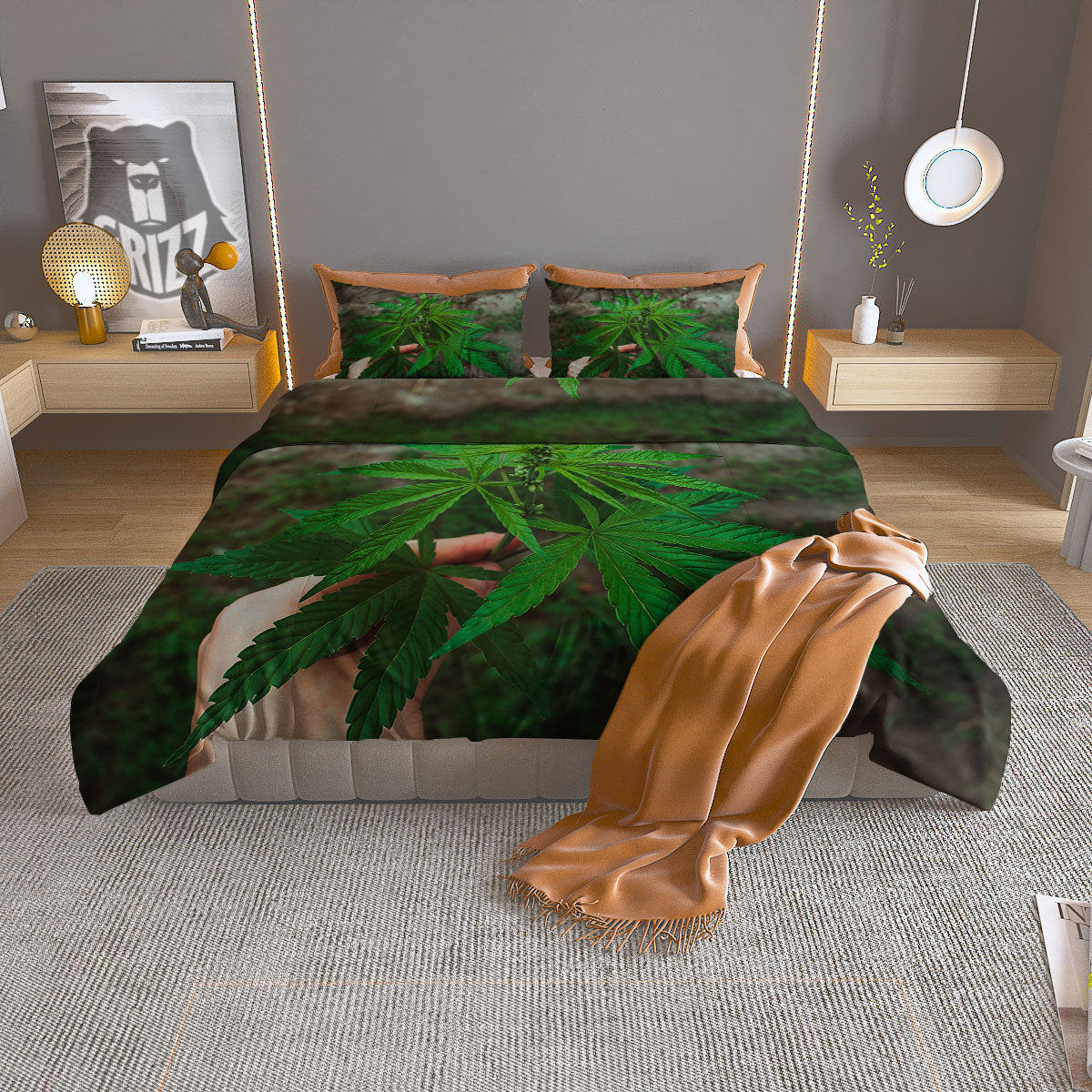 Cannabis Leaf Forest Green Print Duvet Cover Bedding Set