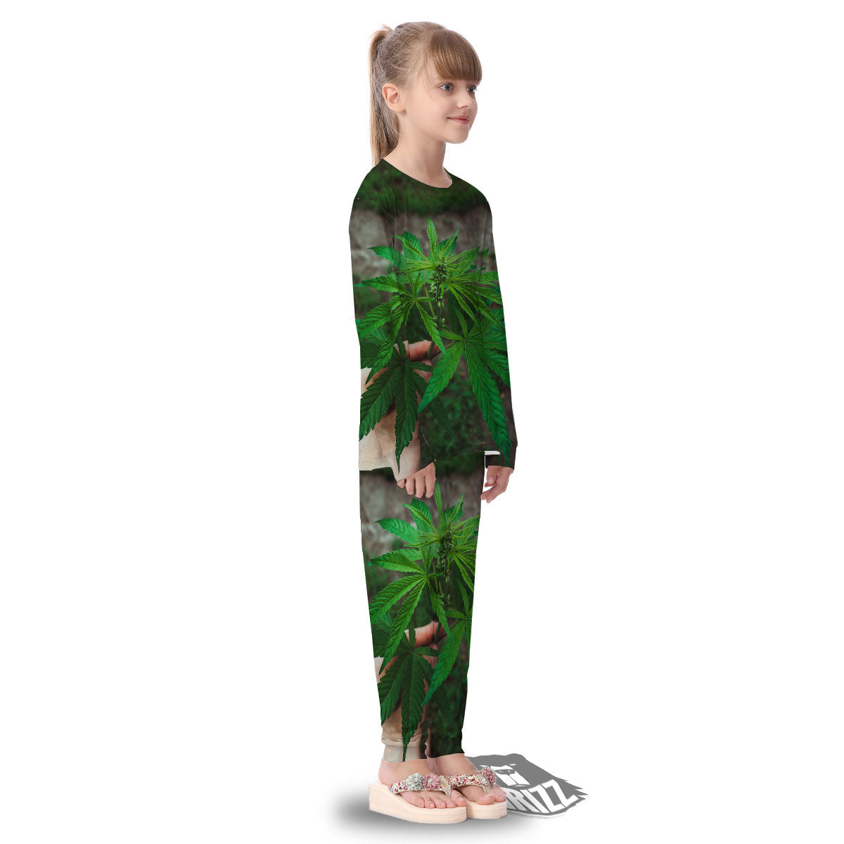 Cannabis Leaf Forest Green Print Kid's Pajamas-grizzshop