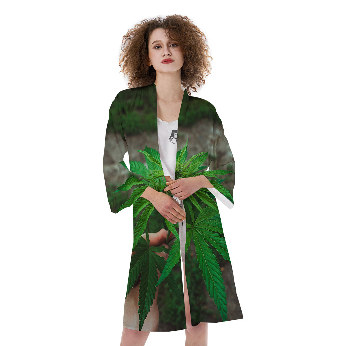 Cannabis Leaf Forest Green Print Kimono-grizzshop