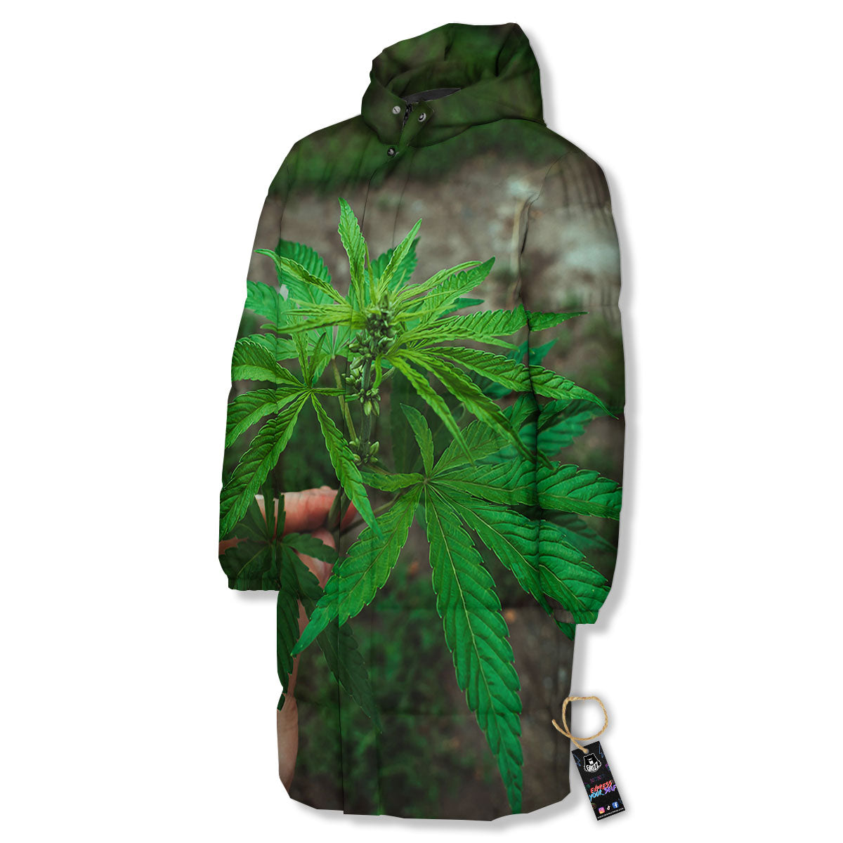 Cannabis Leaf Forest Green Print Long Down Jacket-grizzshop