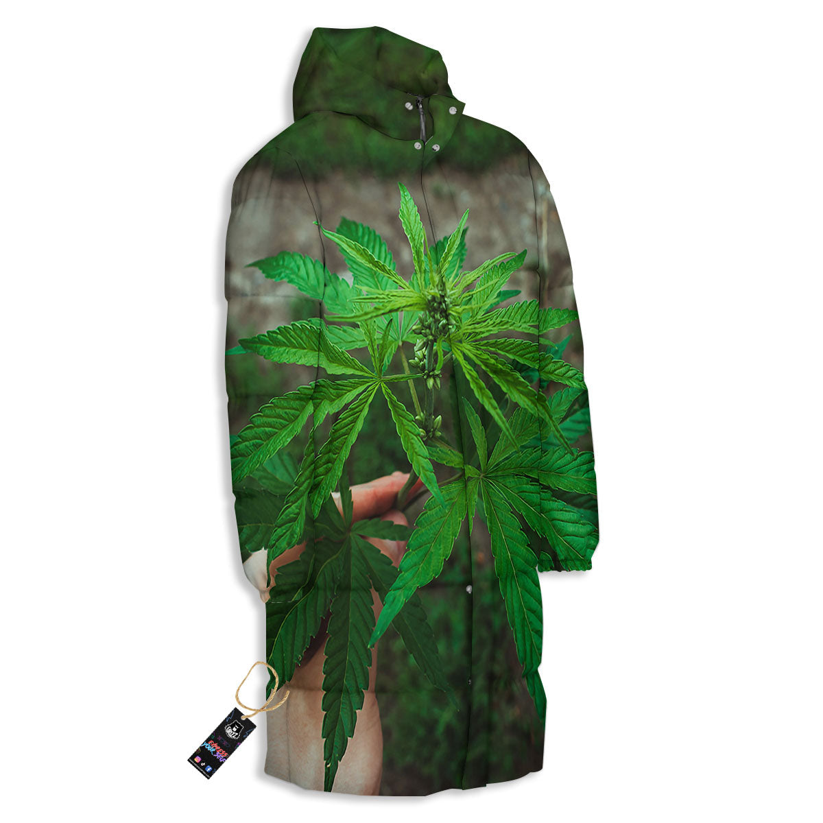 Cannabis Leaf Forest Green Print Long Down Jacket-grizzshop