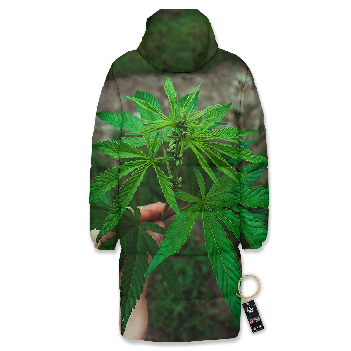 Cannabis Leaf Forest Green Print Long Down Jacket-grizzshop