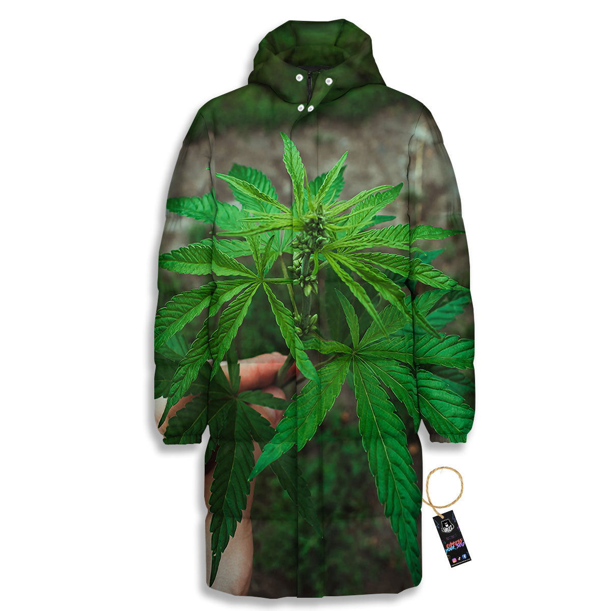 Cannabis Leaf Forest Green Print Long Down Jacket-grizzshop