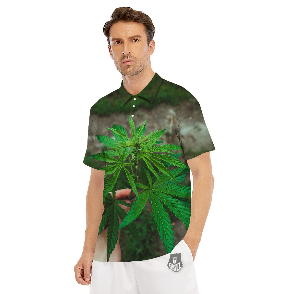 Cannabis Leaf Forest Green Print Men's Golf Shirts-grizzshop