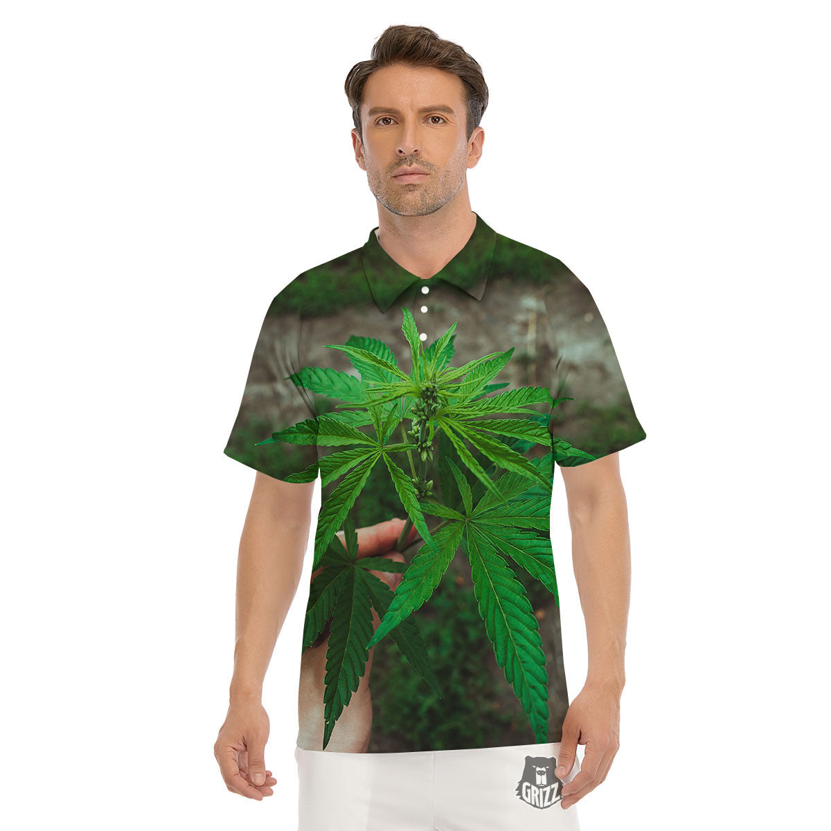 Cannabis Leaf Forest Green Print Men's Golf Shirts-grizzshop