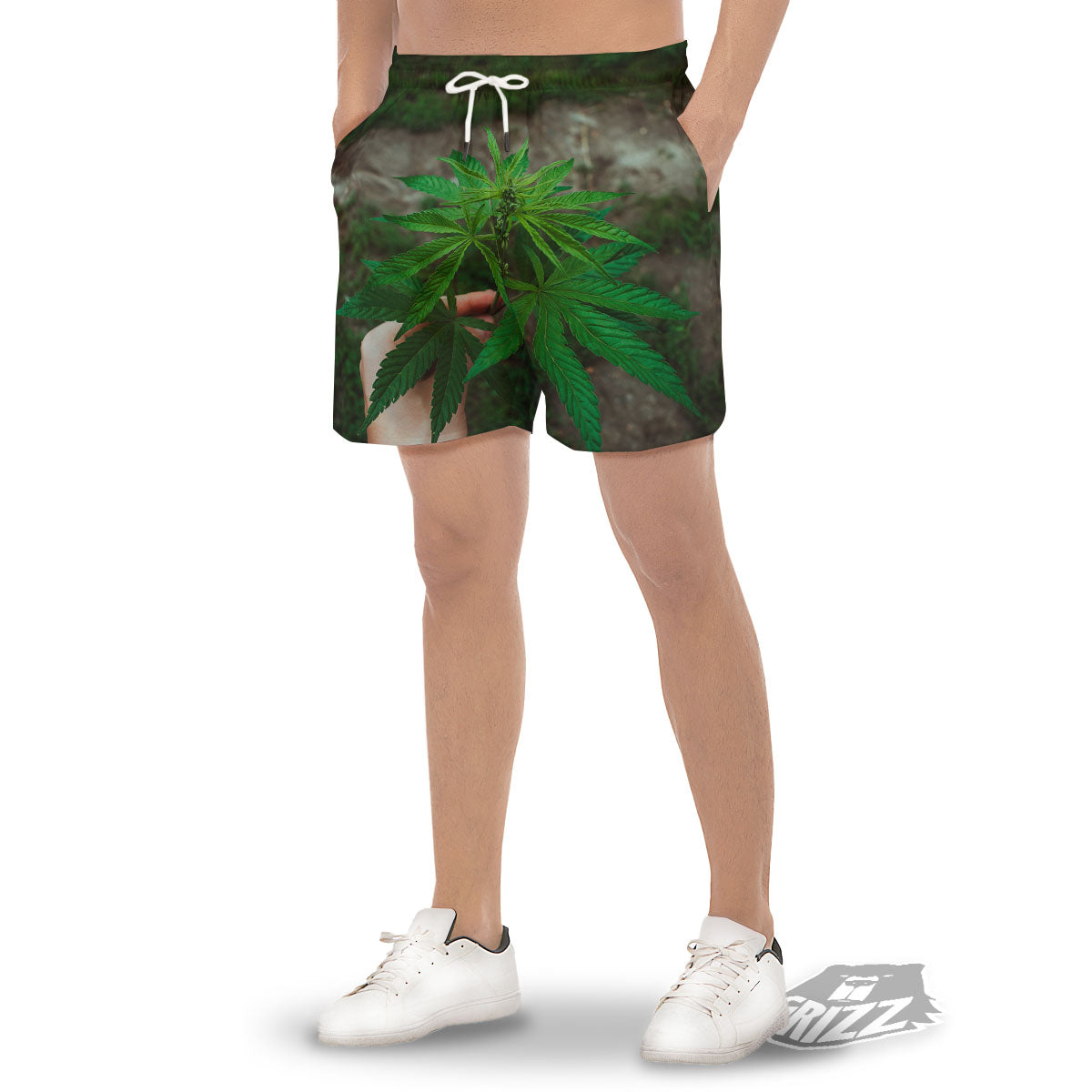 Cannabis Leaf Forest Green Print Men's Gym Shorts-grizzshop