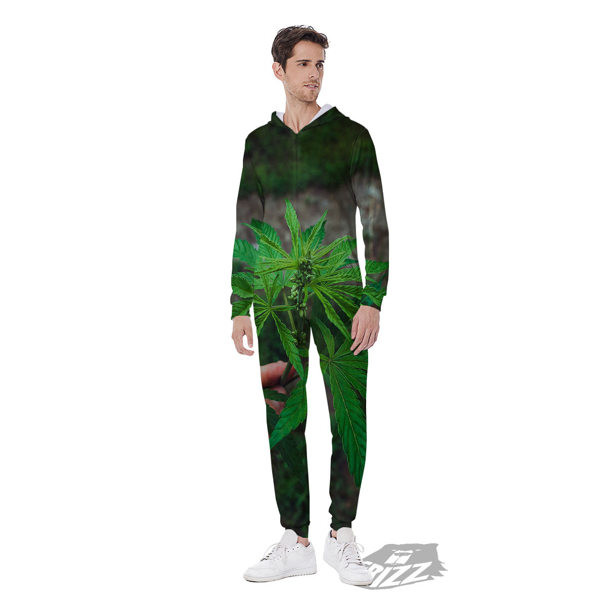Cannabis Leaf Forest Green Print Men's Jumpsuit-grizzshop