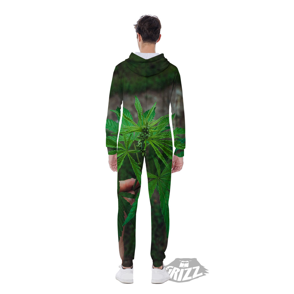 Cannabis Leaf Forest Green Print Men's Jumpsuit-grizzshop