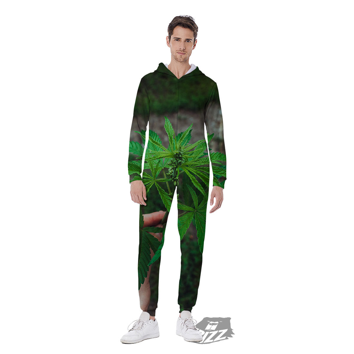 Cannabis Leaf Forest Green Print Men's Jumpsuit-grizzshop