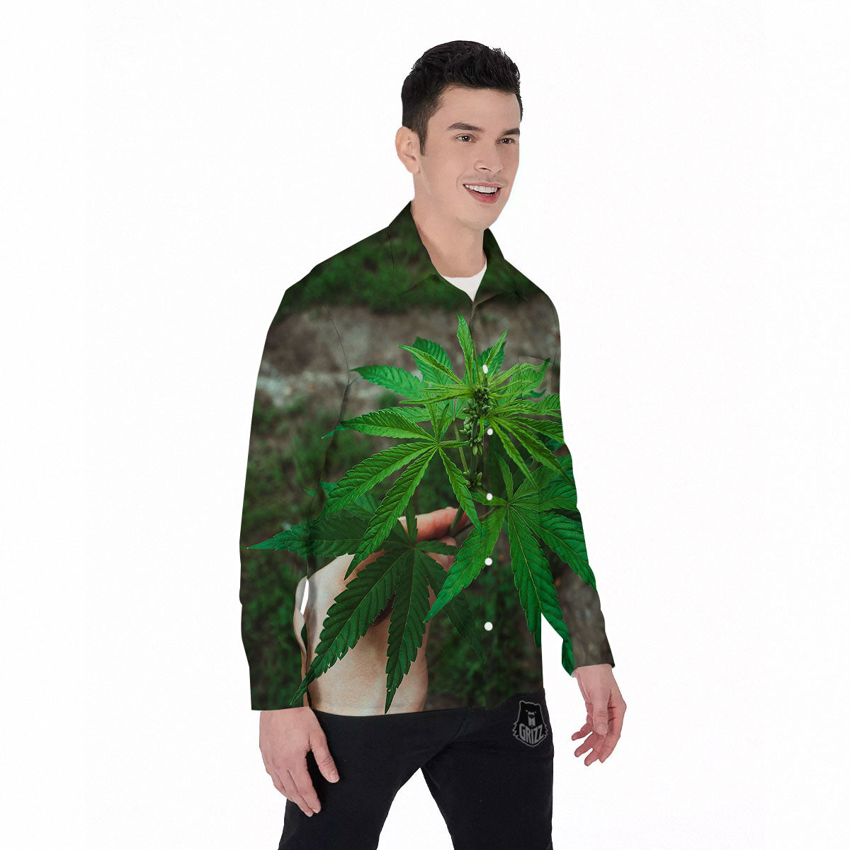 Cannabis Leaf Forest Green Print Men's Long Sleeve Shirts-grizzshop