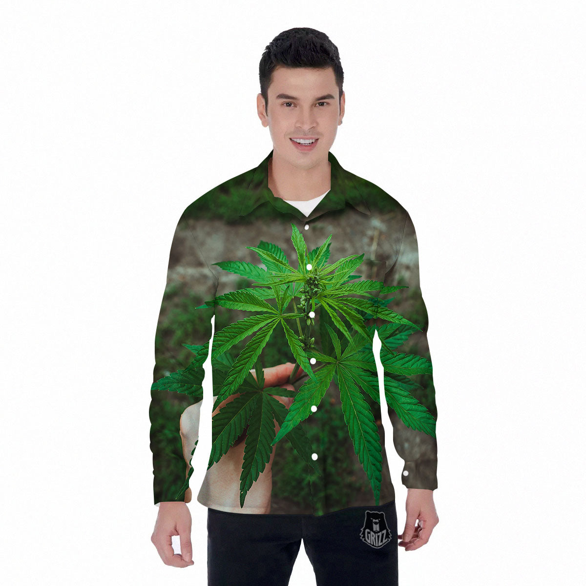 Cannabis Leaf Forest Green Print Men's Long Sleeve Shirts-grizzshop