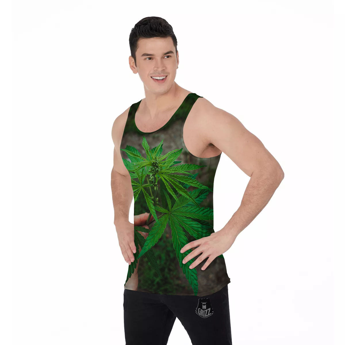 Cannabis Leaf Forest Green Print Men's Tank Top-grizzshop