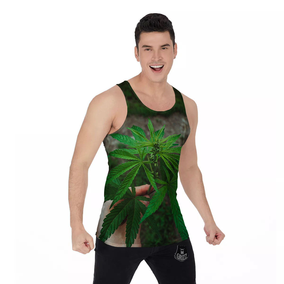 Cannabis Leaf Forest Green Print Men's Tank Top-grizzshop