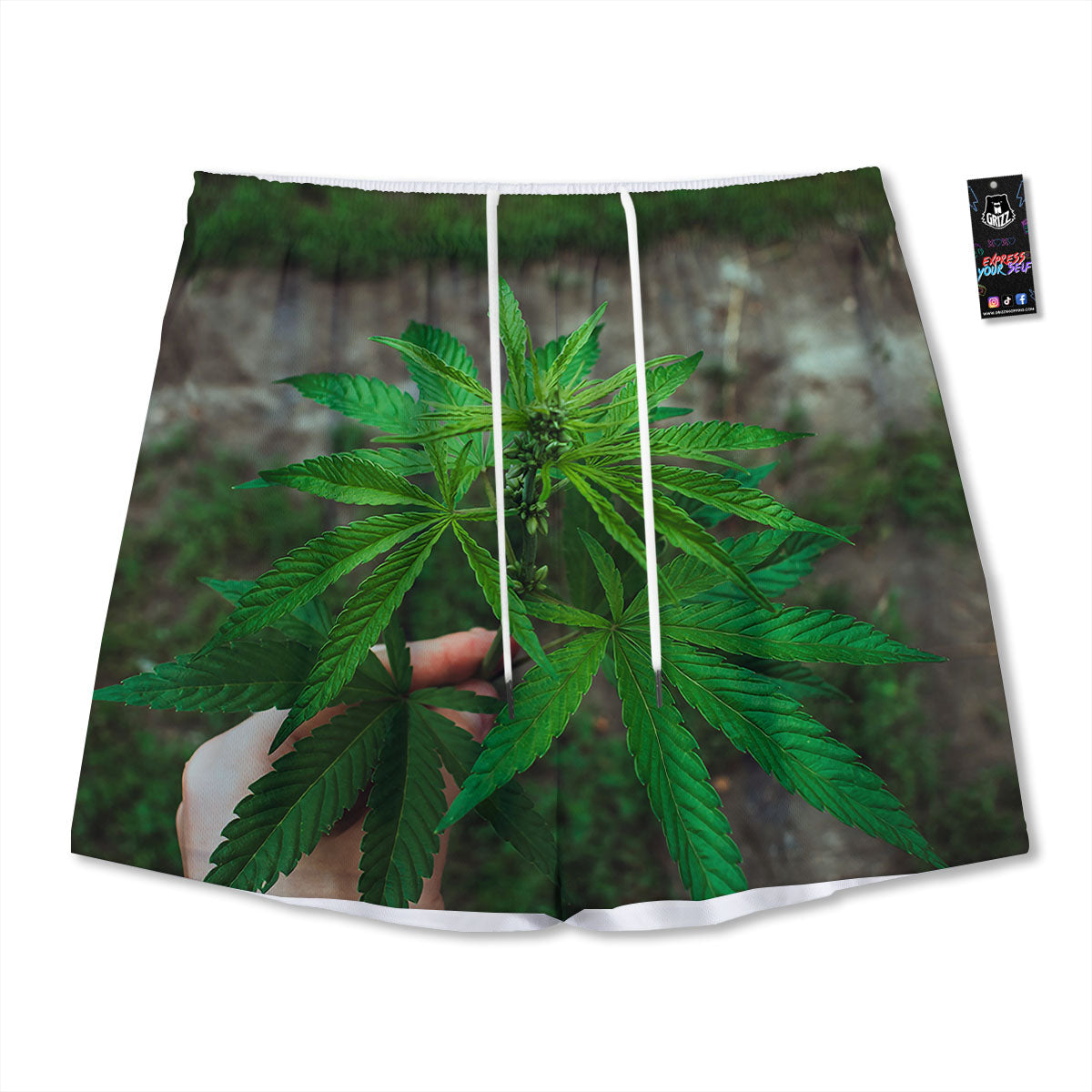 Cannabis Leaf Forest Green Print Mesh Shorts