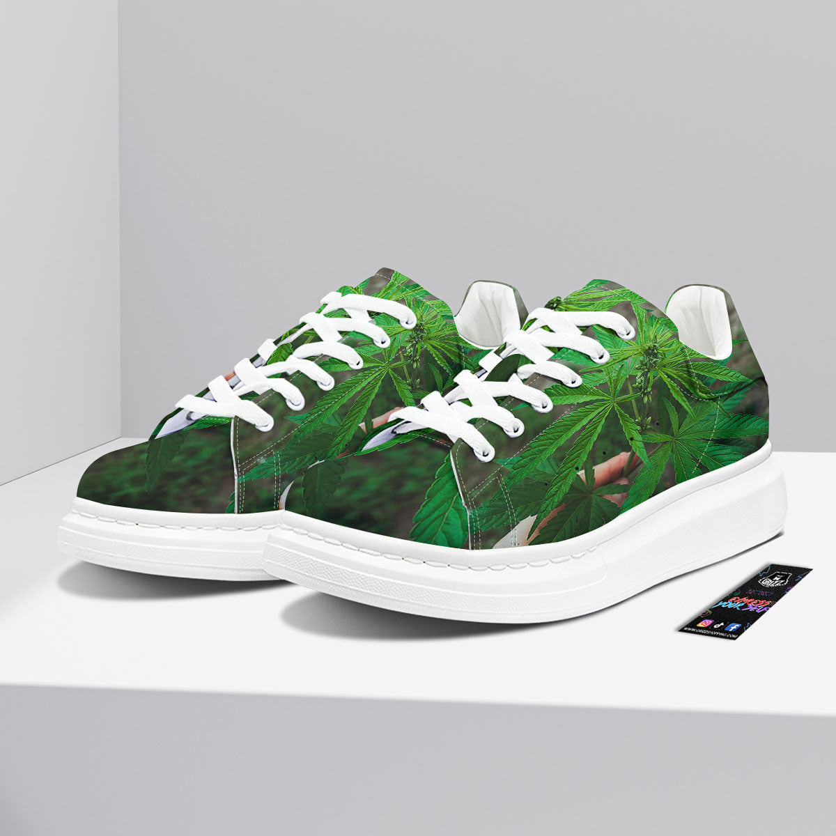 Cannabis Leaf Forest Green Print Platform Shoes-grizzshop